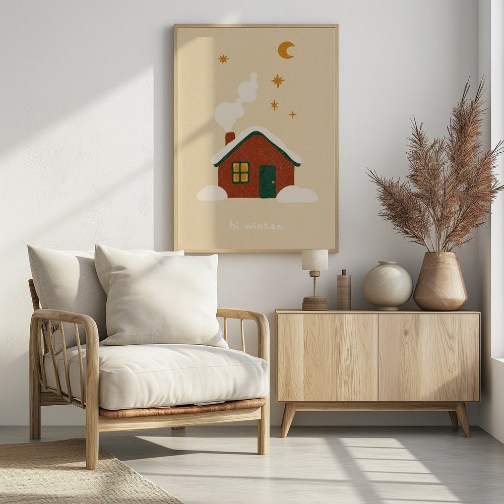 A cozy, stylized illustration of a red house with a green, snow-covered roof. White smoke curls from the chimney into a beige night sky with a yellow crescent moon and stars. Below the house, the words 'hi winter' are written in a simple, friendly font. Poster