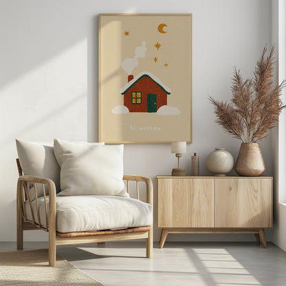 A cozy, stylized illustration of a red house with a green, snow-covered roof. White smoke curls from the chimney into a beige night sky with a yellow crescent moon and stars. Below the house, the words 'hi winter' are written in a simple, friendly font. Poster