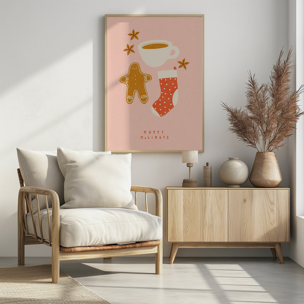 A festive illustration on a pink textured background featuring a gingerbread man, a cup of coffee, a red polka-dot Christmas stocking, and star anise spices. Below the items, the words 'HAPPY HOLIDAYS' are written in a simple red font. Print