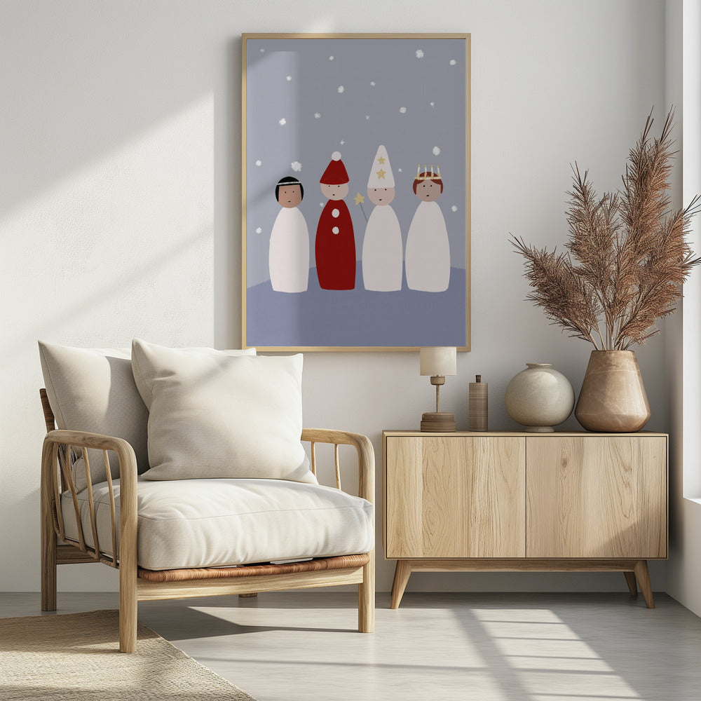 A whimsical illustration of four children dressed for a Saint Lucia procession, standing against a light blue background with falling snow. The figures are stylized with simple shapes, featuring a Lucia with a candle crown, a star boy with a pointed hat and star wand, and a gingerbread man or 'tomte' in red. Poster
