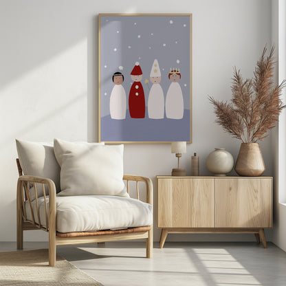 A whimsical illustration of four children dressed for a Saint Lucia procession, standing against a light blue background with falling snow. The figures are stylized with simple shapes, featuring a Lucia with a candle crown, a star boy with a pointed hat and star wand, and a gingerbread man or 'tomte' in red. Poster