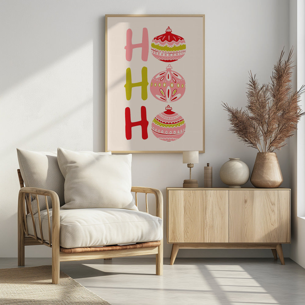 A modern illustrated Christmas poster with 'Ho Ho Ho' written vertically. The letters 'H' are shown in pink, green, and red, and the 'o's are replaced with intricately patterned Christmas ball ornaments in the same color palette on a cream background. Decor