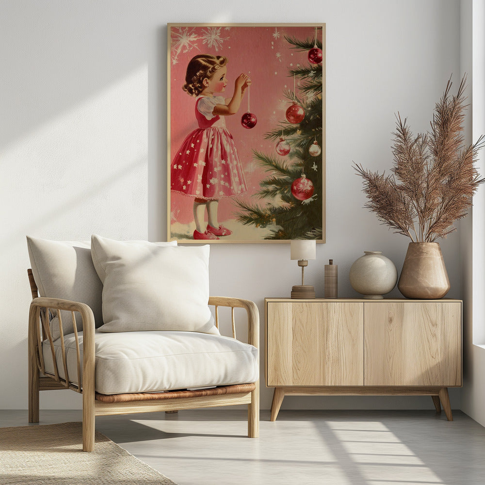 A vintage illustration of a young girl in a pink and white dress decorating a Christmas tree. She is carefully hanging a shiny red ornament on a branch against a soft pink background with snowflakes. Wall Art