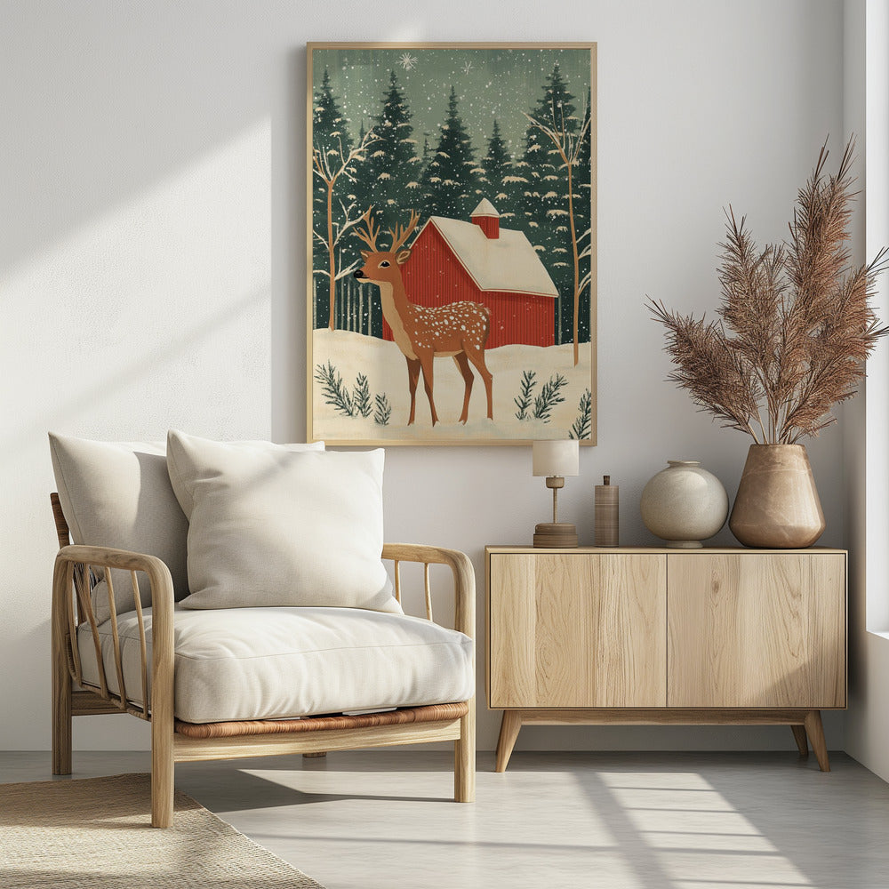 A stylized illustration of a serene winter scene featuring a spotted deer with antlers standing in the snow. In the background, a classic red barn with a snow-covered roof is nestled among a dense forest of dark green pine trees as snowflakes fall from a pale green sky. Poster