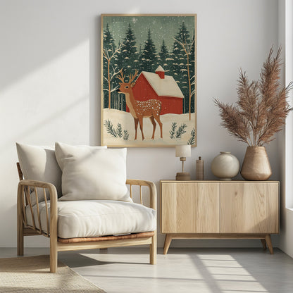 A stylized illustration of a serene winter scene featuring a spotted deer with antlers standing in the snow. In the background, a classic red barn with a snow-covered roof is nestled among a dense forest of dark green pine trees as snowflakes fall from a pale green sky. Poster