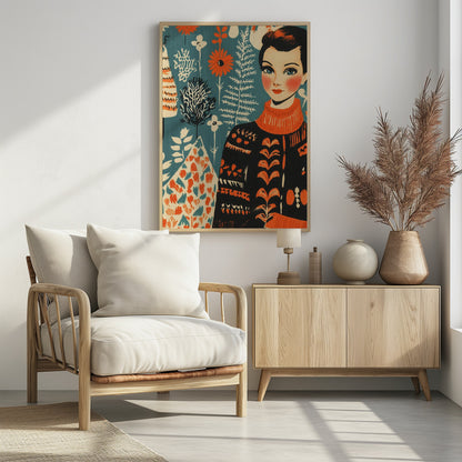 A vintage-style illustration of a woman with short dark hair and blue eyes wearing a black and orange patterned turtleneck sweater. The background is a teal color with a folk art pattern of flowers and plants in orange, white, and black. Poster