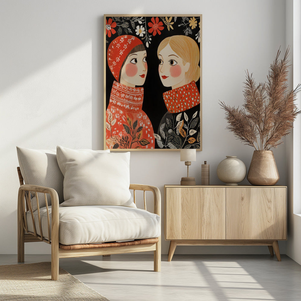 An illustrative folk art style portrait of two women facing each other against a black background. The woman on the left wears a red patterned cap and sweater, while the one on the right has blonde hair and a sweater with a red patterned collar. Red, white, and yellow flowers hang above them. Print