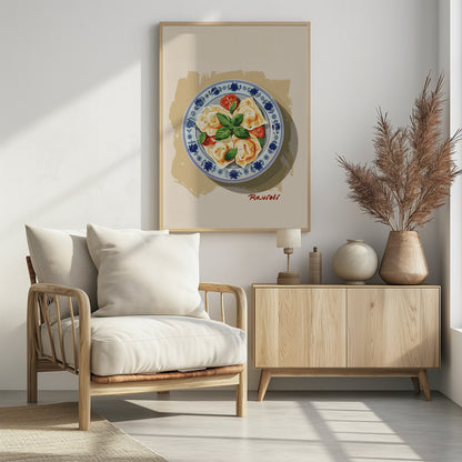 A vintage-style illustration of a plate of ravioli garnished with fresh basil and cherry tomatoes. The dish is served on a decorative blue and white patterned plate against a cream and beige background. The word 'Ravioli' is written in a cursive script at the bottom right. Print