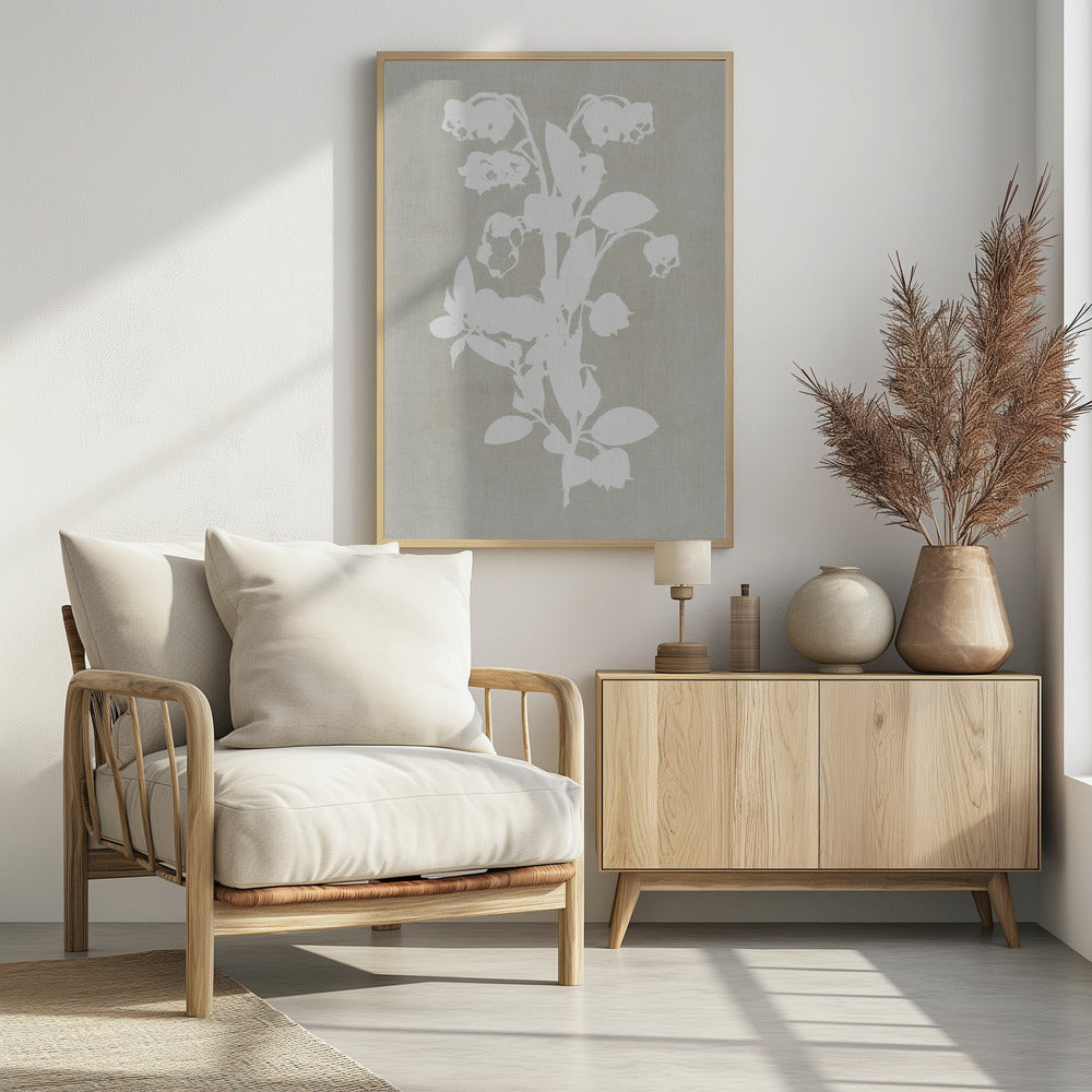 A minimalist botanical artwork in a black frame, showing a white silhouette of a Lily of the Valley stalk against a muted, textured grey-beige background. Wall Art