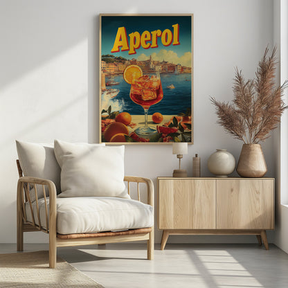 A vintage-style poster advertising Aperol, featuring a close-up of a vibrant orange Aperol Spritz cocktail in a large wine glass, garnished with an orange slice. In the background, a picturesque Italian coastal town sits by a deep blue sea with boats, under a sunny sky with fluffy clouds. The word 'Aperol' is written in large, bold yellow letters at the top. Print