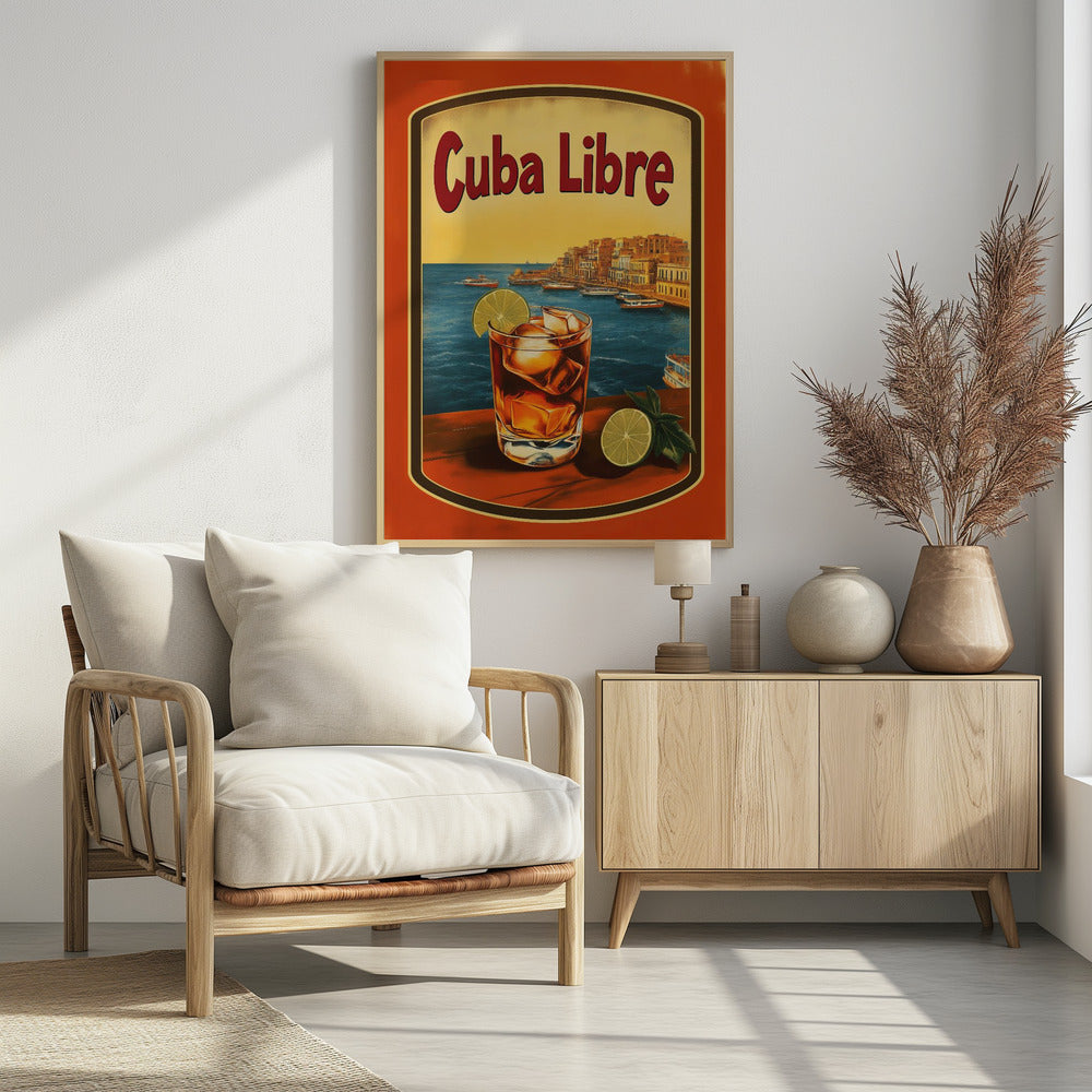 A vintage-style poster advertising a 'Cuba Libre' cocktail. In the foreground, a glass of the dark-colored drink with ice and a lime wedge sits on a wooden surface. In the background is a scenic view of a Cuban coastal city with boats in the blue harbor and a warm yellow sunset sky. Wall Art