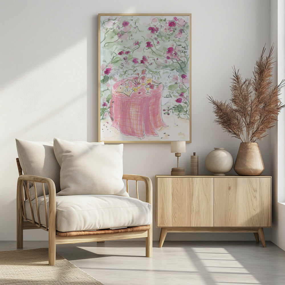 A whimsical watercolor illustration of a romantic garden scene. A table for two is set with a pink plaid tablecloth, glasses of wine, and scattered flowers, surrounded by white chairs and a backdrop of climbing pink roses. Poster