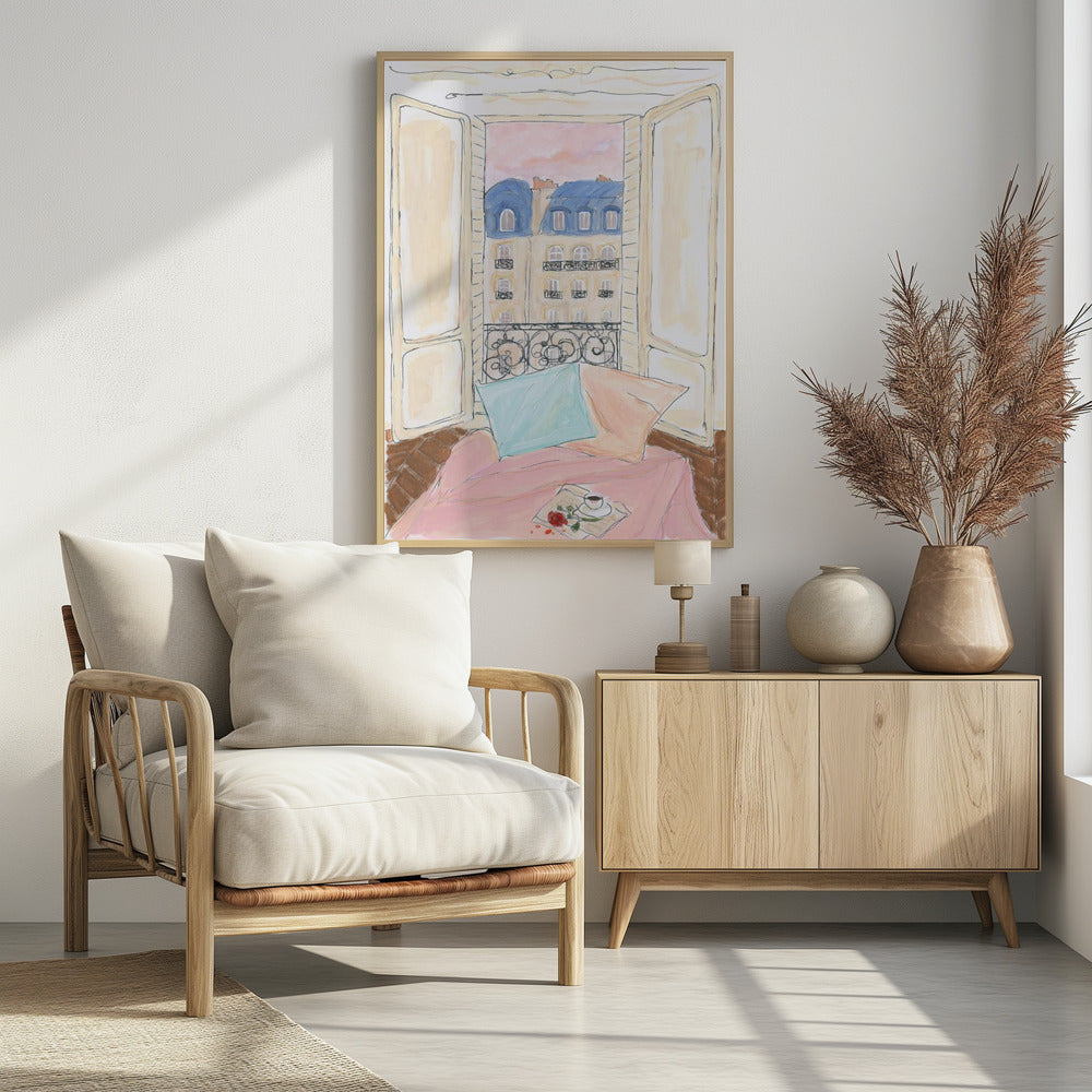 A watercolor illustration of a view from an open window in Paris. In the foreground, a cozy nook with a pink blanket, a blue pillow, a cup of coffee, and a red rose. Outside, traditional Parisian apartment buildings with blue mansard roofs are visible under a soft pink sky. Print
