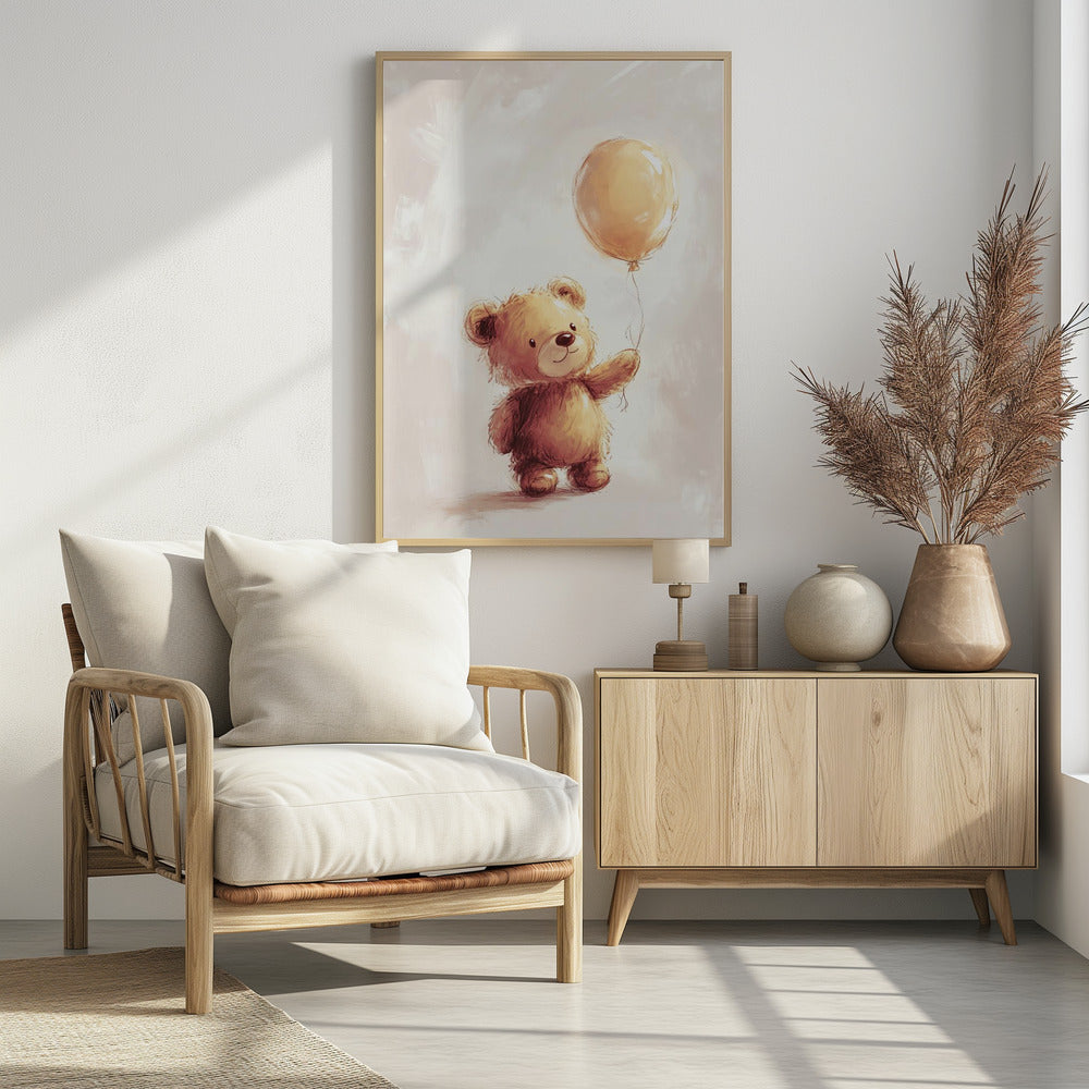 A charming watercolor-style illustration of a fluffy brown teddy bear standing and holding the string of a single yellow balloon against a soft, light beige background. Artwork
