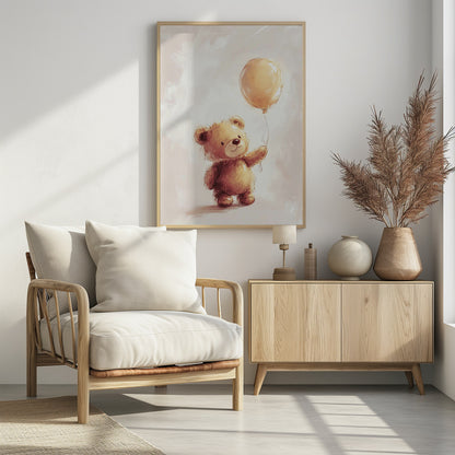 A charming watercolor-style illustration of a fluffy brown teddy bear standing and holding the string of a single yellow balloon against a soft, light beige background. Artwork