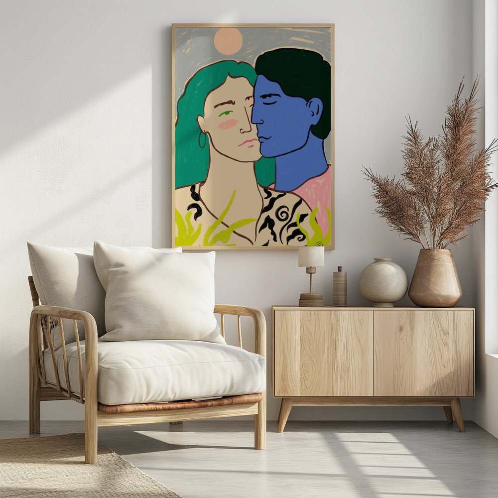 A modern art painting of a couple in an embrace. A woman with long green hair looks forward with a pensive expression, while a man with blue skin and dark hair leans in to kiss her cheek. The background is a soft blue with a pale pink sun, and green foliage is in the foreground. Artwork