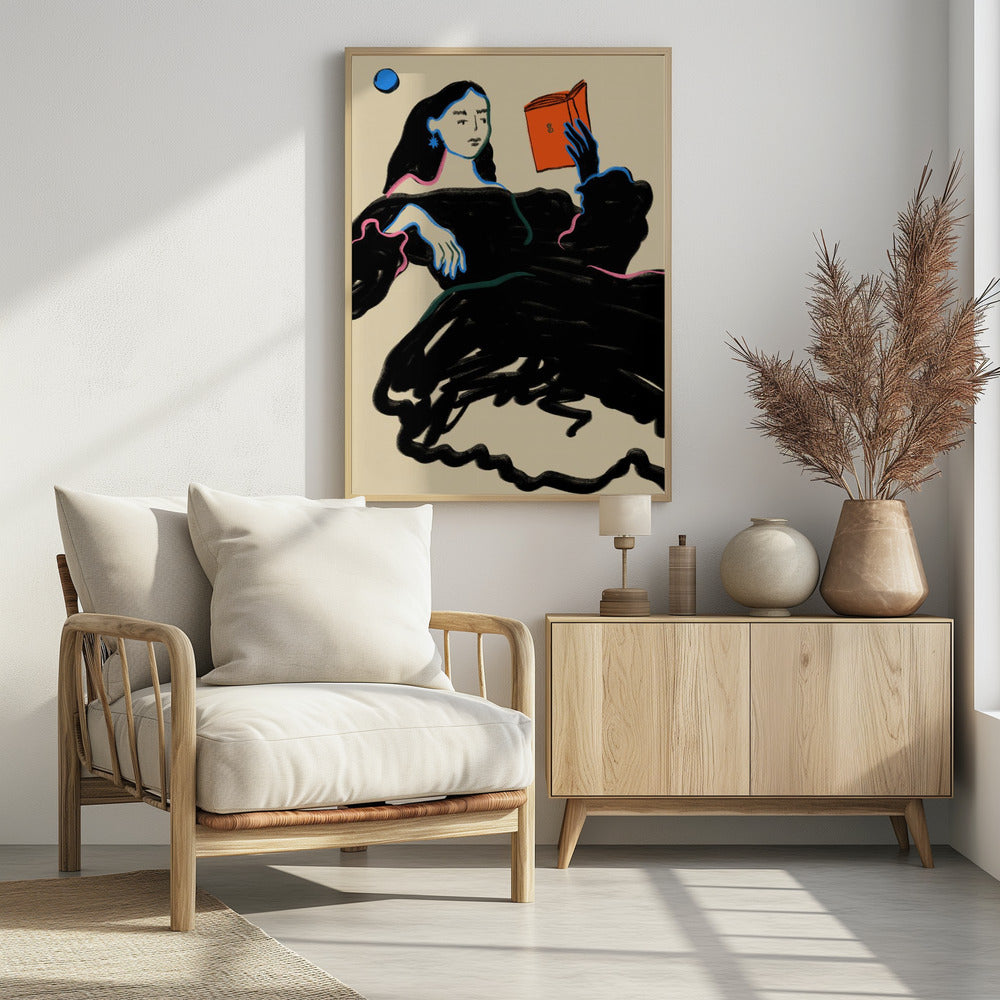 A stylized illustration of a woman with long black hair wearing a voluminous black dress, outlined in blue and pink. She is reclining while reading a bright orange book, set against a cream-colored background with a blue circle in the corner. Print