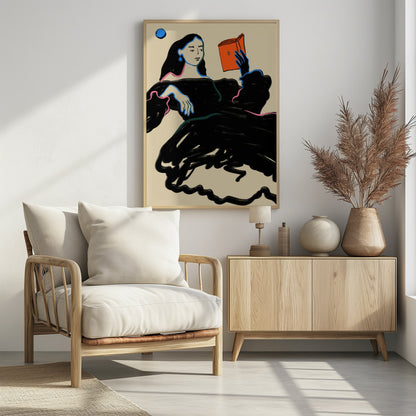 A stylized illustration of a woman with long black hair wearing a voluminous black dress, outlined in blue and pink. She is reclining while reading a bright orange book, set against a cream-colored background with a blue circle in the corner. Print
