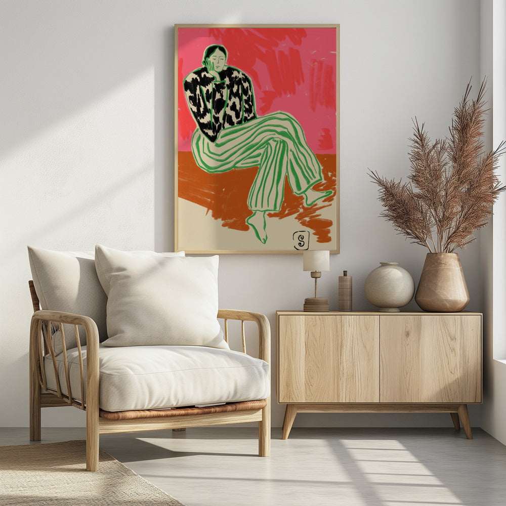 A colorful, stylized illustration of a person sitting in a relaxed, thoughtful pose with their head resting on their hand. They are wearing a black and white cow-patterned shirt and loose green-and-white striped pants. The background is a vibrant abstract blend of pink and red. Artwork