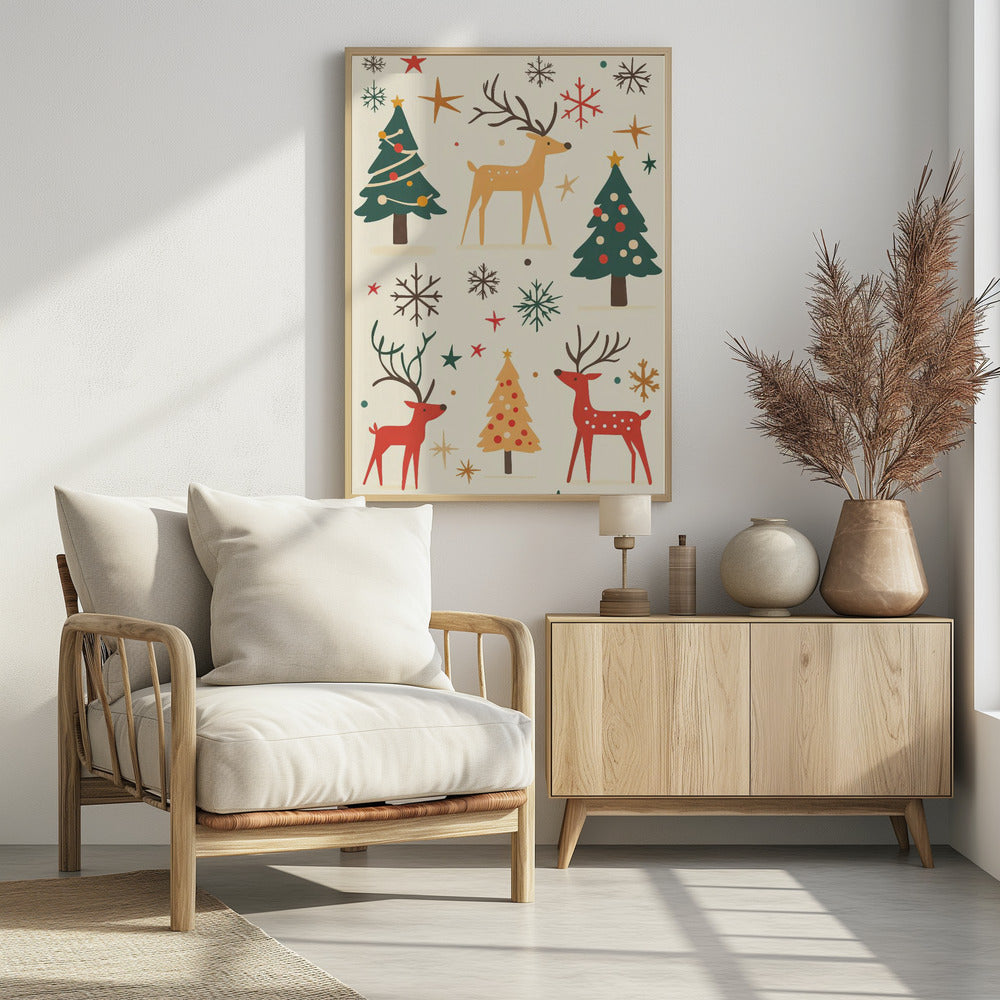 A retro-style holiday illustration featuring stylized red and tan reindeer, green and yellow Christmas trees, and various colorful snowflakes and stars scattered across a cream background. Artwork