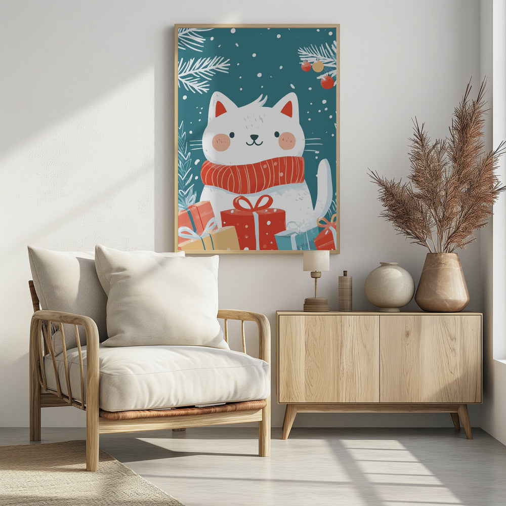 A cute cartoon illustration of a white cat with rosy cheeks wearing a cozy red scarf. The cat is surrounded by colorful wrapped Christmas gifts against a teal blue background with falling snow and white pine branches. Print