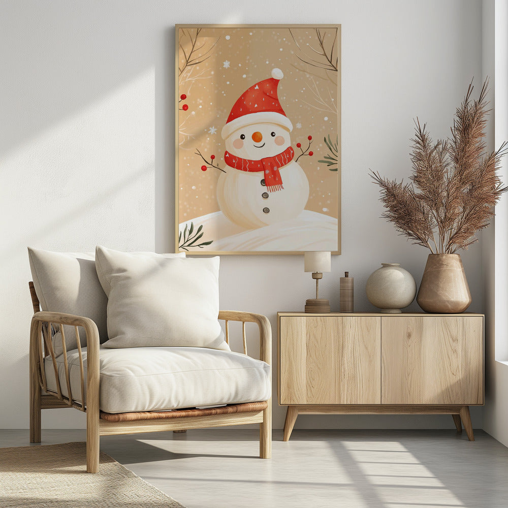 A watercolor-style illustration of a cute, smiling snowman wearing a red Santa hat and a matching red scarf. The snowman has stick arms with red berries, a carrot nose, and is set against a tan background with falling snow and bare branches. Decor