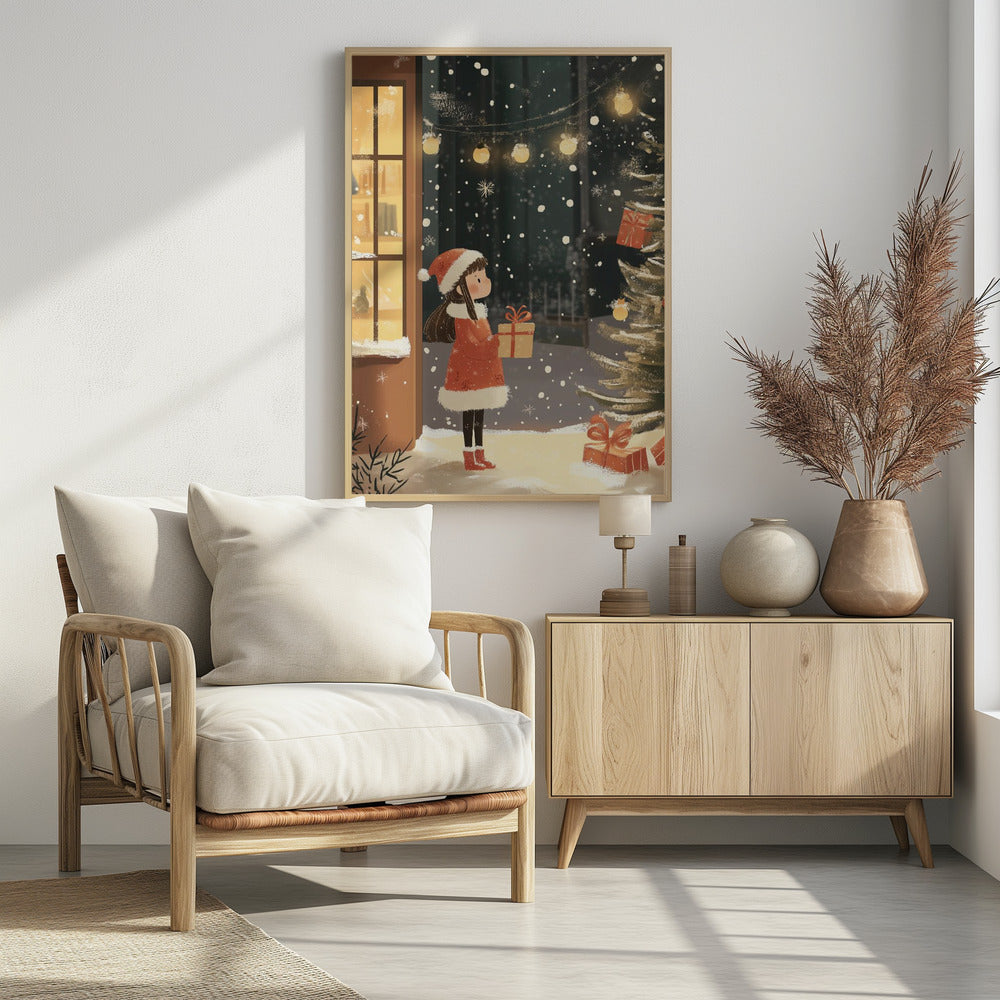 An illustration of a young girl in a red Santa coat and hat holding a gift, standing in the snow at night. She looks at a Christmas tree while snow falls around her, illuminated by string lights and the warm glow from a nearby window. Artwork
