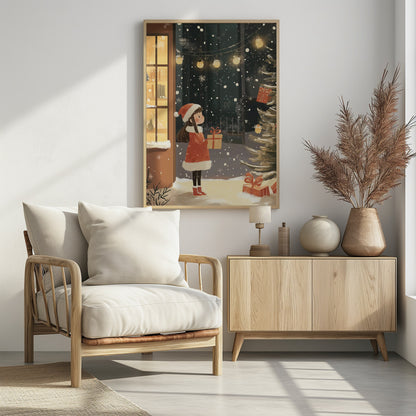 An illustration of a young girl in a red Santa coat and hat holding a gift, standing in the snow at night. She looks at a Christmas tree while snow falls around her, illuminated by string lights and the warm glow from a nearby window. Artwork