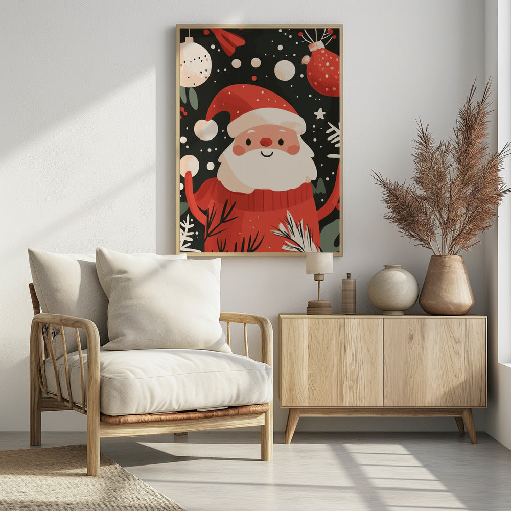 A charming, cartoon-style illustration of a smiling Santa Claus in a red sweater and hat, set against a dark, snowy background with festive ornaments and foliage. Decor