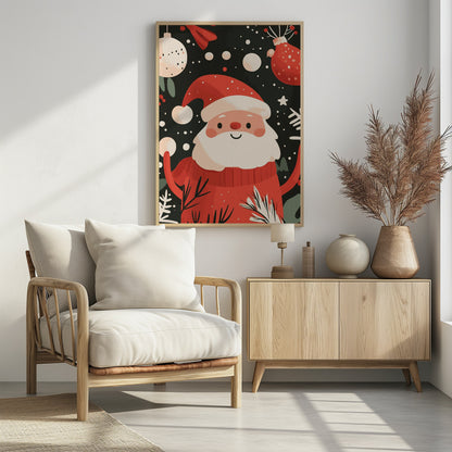A charming, cartoon-style illustration of a smiling Santa Claus in a red sweater and hat, set against a dark, snowy background with festive ornaments and foliage. Decor