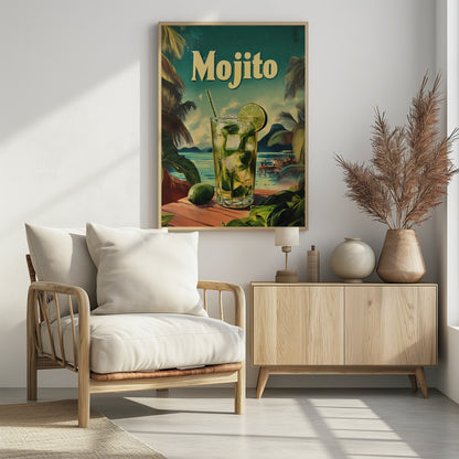 A vintage-style travel poster advertising a Mojito. A tall glass filled with the cocktail, ice, mint, and a lime wedge sits on a wooden table overlooking a tropical beach with palm trees and turquoise water. The word 'Mojito' is written in large, cream-colored letters at the top. Print