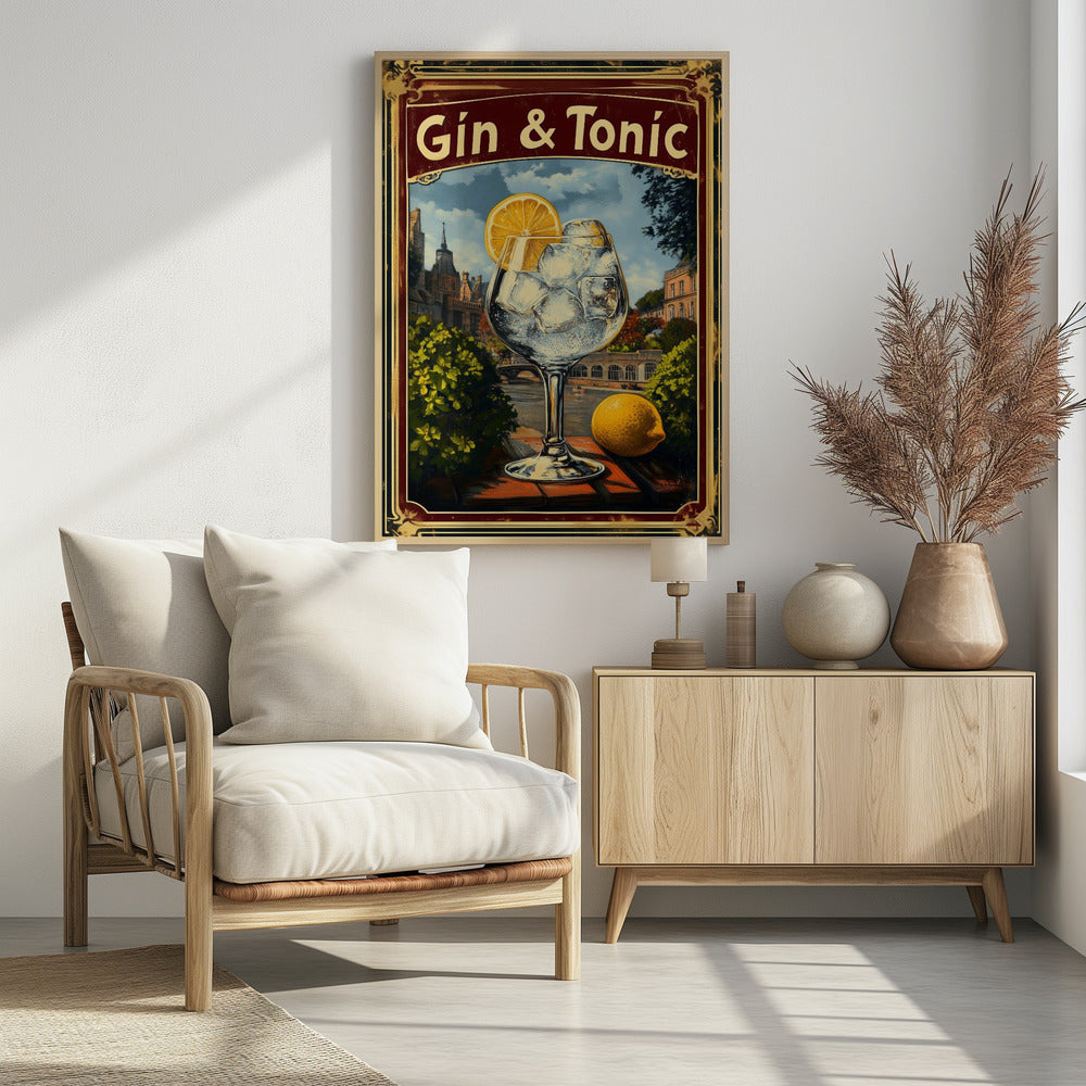 A vintage-style advertisement poster for 'Gin & Tonic'. In the foreground, a large balloon glass filled with ice and a lemon slice sits on a brick ledge overlooking a European cityscape with a river. A whole lemon rests beside the glass. The poster has a decorative red and gold border. Decor