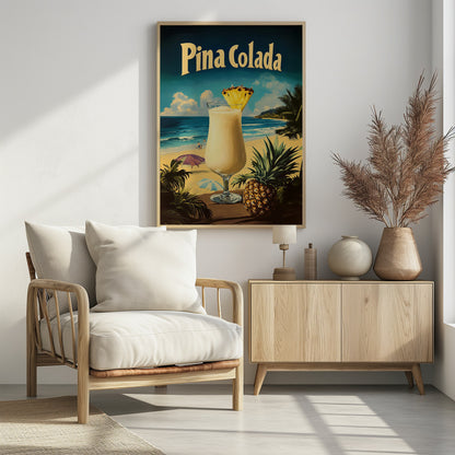 A vintage-style travel poster advertising 'Pina Colada'. In the foreground, a creamy cocktail in a hurricane glass is garnished with a pineapple wedge, next to a whole pineapple. The background depicts a sunny tropical beach with blue ocean waves, sand, palm trees, and distant hills. Wall Art