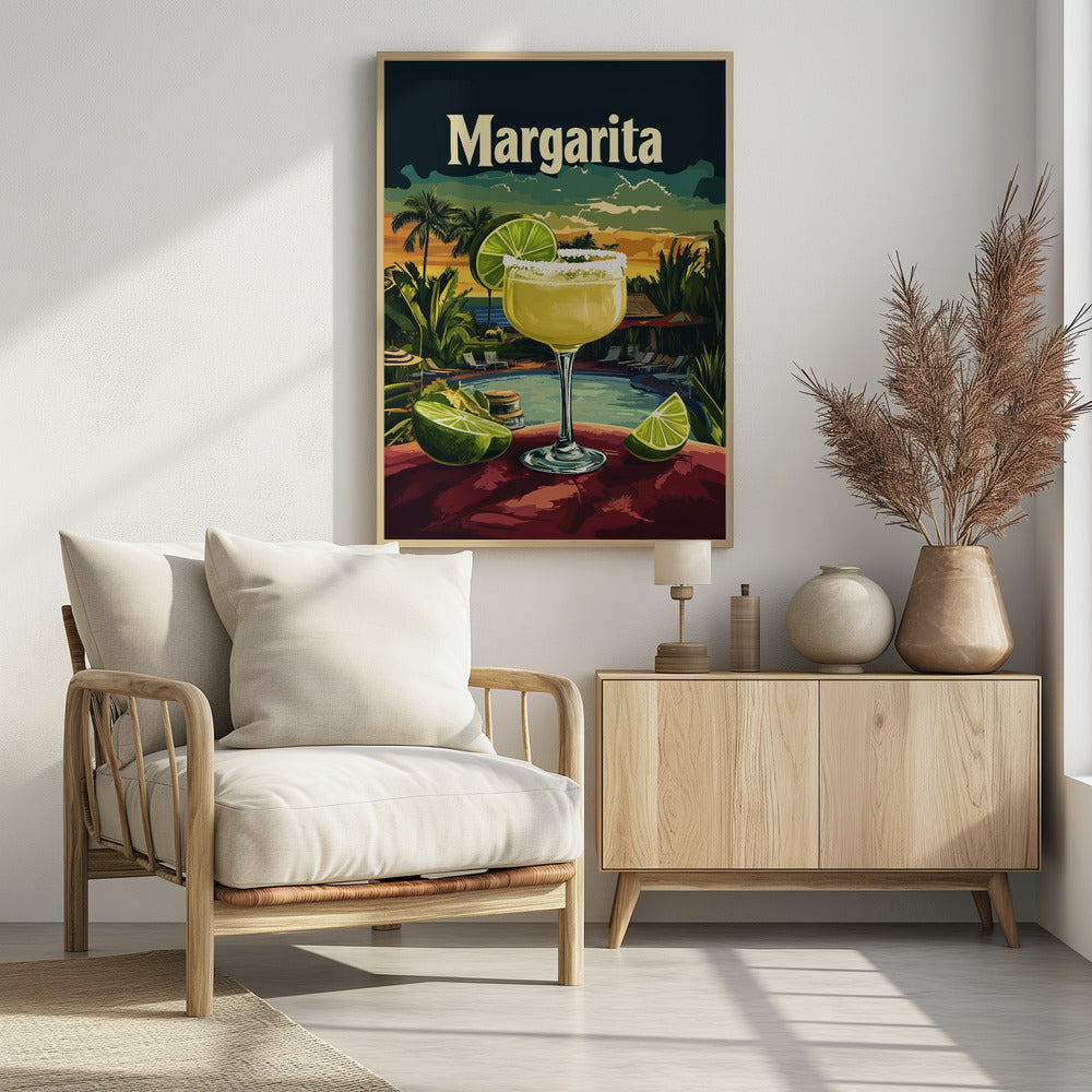 A vintage-style travel poster featuring a close-up of a salt-rimmed margarita cocktail with a lime garnish. The background depicts a scenic tropical resort at sunset with a pool, palm trees, and the ocean. The word 'Margarita' is written in a large, cream-colored font at the top. Artwork