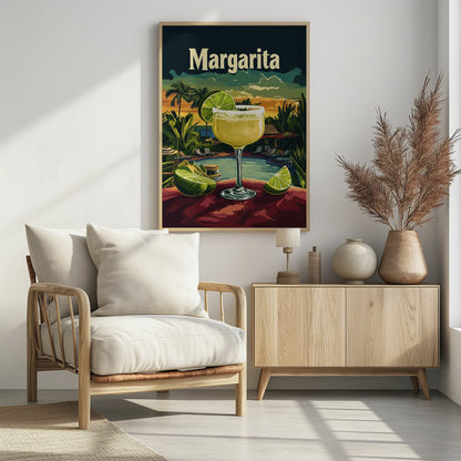 A vintage-style travel poster featuring a close-up of a salt-rimmed margarita cocktail with a lime garnish. The background depicts a scenic tropical resort at sunset with a pool, palm trees, and the ocean. The word 'Margarita' is written in a large, cream-colored font at the top. Artwork