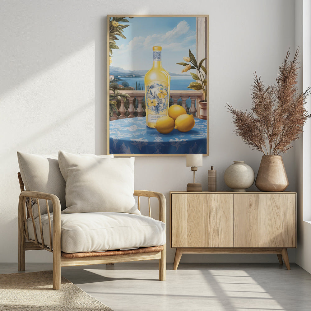 A vintage-style painting of a bottle of limoncello and three fresh lemons on a blue patterned tablecloth. The scene is set on a balcony with a stone balustrade, overlooking a serene blue sea and a picturesque coastal town under a bright sky. Poster