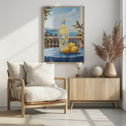 A vintage-style painting of a bottle of limoncello and three fresh lemons on a blue patterned tablecloth. The scene is set on a balcony with a stone balustrade, overlooking a serene blue sea and a picturesque coastal town under a bright sky. Poster
