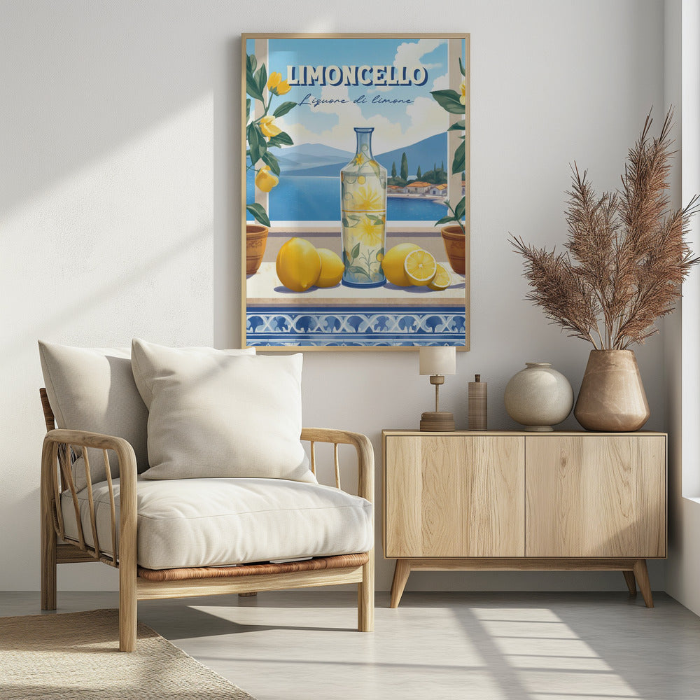 A vintage-style art print advertising Limoncello. A decorative bottle and fresh lemons sit on a tiled ledge overlooking a scenic Italian coastal village and blue sea, framed by lemon branches. Artwork