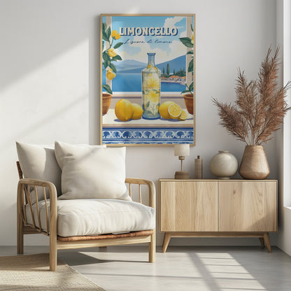 A vintage-style art print advertising Limoncello. A decorative bottle and fresh lemons sit on a tiled ledge overlooking a scenic Italian coastal village and blue sea, framed by lemon branches. Artwork