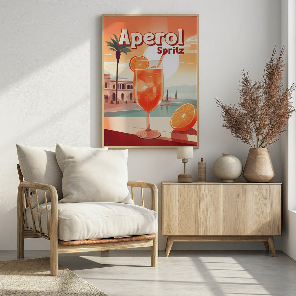 A vintage-style travel poster advertising Aperol Spritz. A large, inviting glass of the bright orange cocktail filled with ice and garnished with an orange slice sits in the foreground. The background features a sunny, idyllic Mediterranean scene with a palm tree, classic buildings, and a serene body of water under a large, pale sun. Wall Art