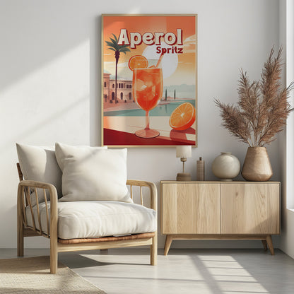 A vintage-style travel poster advertising Aperol Spritz. A large, inviting glass of the bright orange cocktail filled with ice and garnished with an orange slice sits in the foreground. The background features a sunny, idyllic Mediterranean scene with a palm tree, classic buildings, and a serene body of water under a large, pale sun. Wall Art