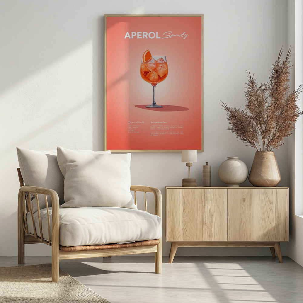 A minimalist art poster for an Aperol Spritz cocktail, featuring a detailed illustration of the vibrant orange drink in a wine glass, garnished with an orange slice. The poster has a salmon-pink background with the recipe's ingredients and preparation instructions at the bottom in a stylized white font. Print
