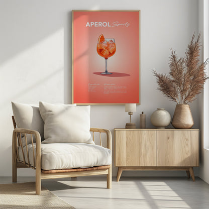A minimalist art poster for an Aperol Spritz cocktail, featuring a detailed illustration of the vibrant orange drink in a wine glass, garnished with an orange slice. The poster has a salmon-pink background with the recipe's ingredients and preparation instructions at the bottom in a stylized white font. Print