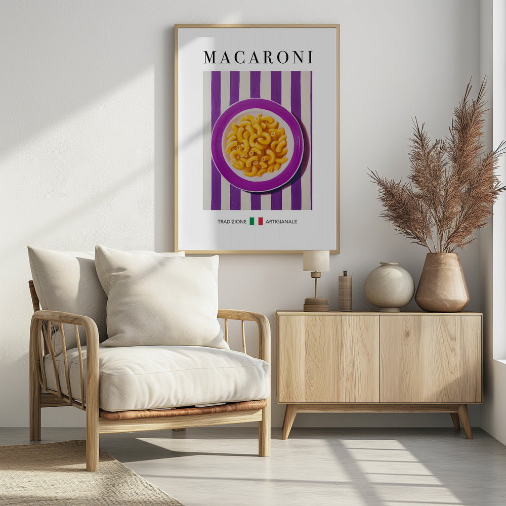 A framed art print of a modern painting depicting a purple plate of macaroni pasta. The plate is centered on a background of bold purple and white vertical stripes. The word 'MACARONI' is written in a large, black serif font at the top. At the bottom, the words 'TRADIZIONE' and 'ARTIGIANALE' are separated by a small Italian flag. Poster