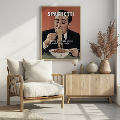 A vintage-style illustrated poster of a man in a suit with his eyes closed, blissfully eating a large mouthful of spaghetti from a white bowl. The word 'SPAGHETTI' is at the top, and Italian text is written over the bowl against a salmon-colored background. Print