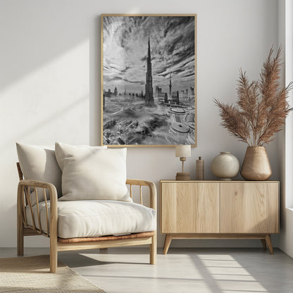 A dramatic black and white high-angle photograph of the Burj Khalifa dominating the Dubai cityscape, with swirling clouds above and a light mist surrounding the buildings below, all enclosed in a black frame. Poster