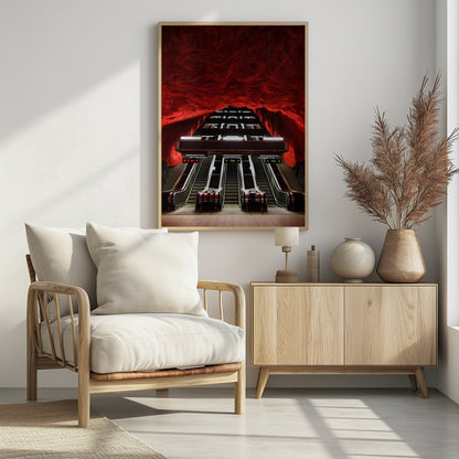 A dramatic low-angle shot looking up a series of escalators in a subway station with a cavernous, rough-textured ceiling glowing an intense, fiery red. Decor