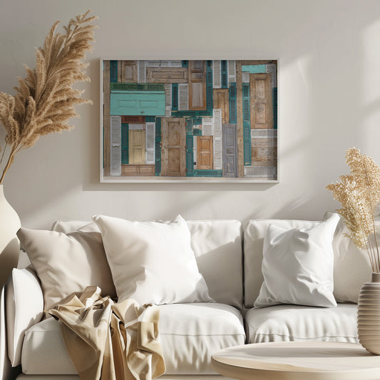 A framed art piece featuring a chaotic collage of various old, weathered wooden doors and window shutters arranged in a dense patchwork, showcasing a rustic texture and colors like natural wood, teal, green, and distressed white. Wall Art