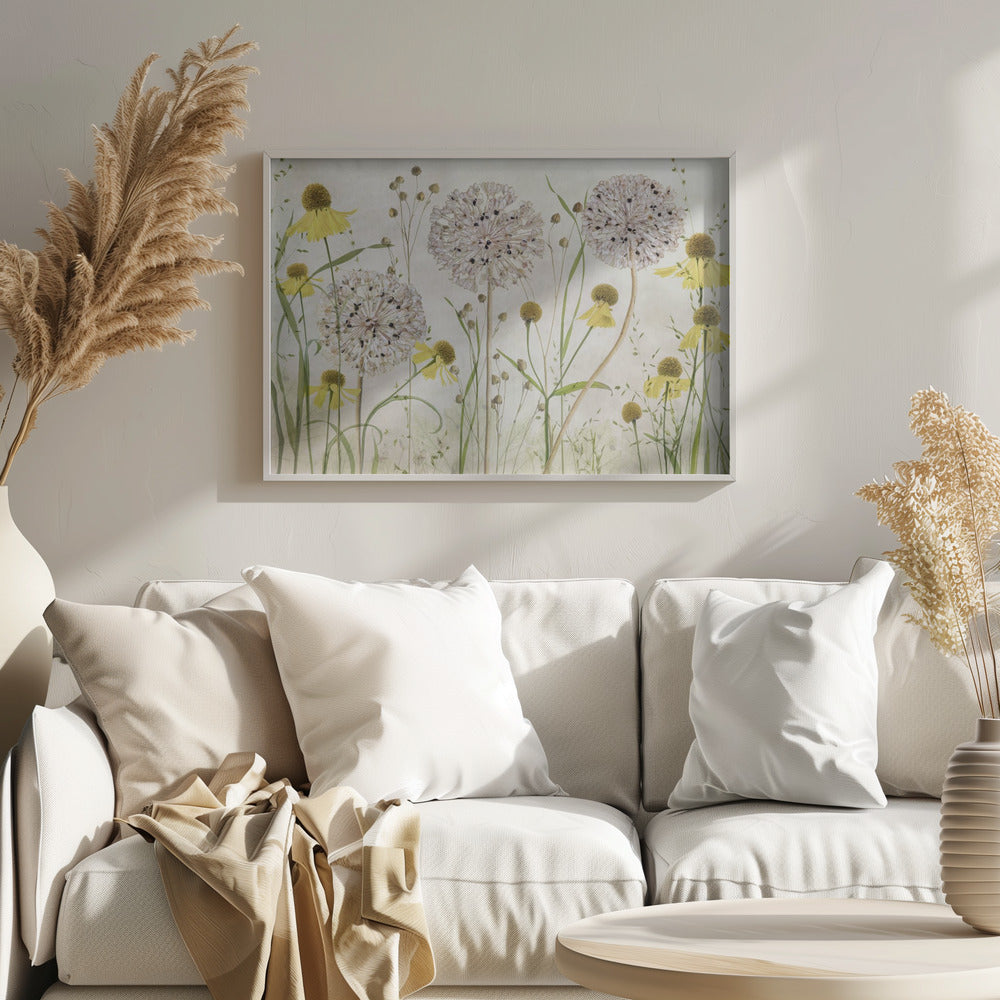 A framed botanical artwork featuring a delicate arrangement of pressed and dried flowers. Large, spherical white allium seed heads stand tall among numerous yellow coneflowers with prominent centers. Slender green stems and leaves fill the composition against a soft, light-textured background, creating a serene, natural scene. Decor