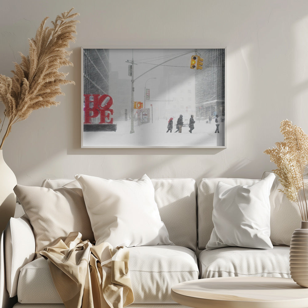 A photograph of a busy city street during a heavy snowstorm. In the foreground on the left, a large, bright red sculpture spells out the word 'HOPE', providing a stark contrast to the muted, white, and gray tones of the snowy scene. Pedestrians in winter coats are crossing the snow-covered street, and tall buildings are partially obscured by the falling snow in the background. Wall Art